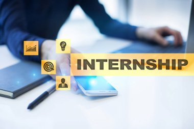 Sanal ekran staj metni. İş, eğitim ve Internet kavramı.