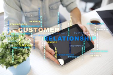 Müşteri ilişkisi yönetimi kavramı sanal ekran üzerinde. Kelime bulutu.
