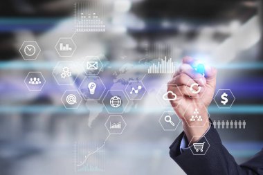 İş ve teknoloji kavramı. Grafikler ve sanal ekran arka planı simgeleri.