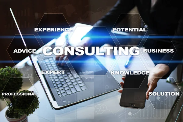 Consulting business concept. Text and icons on virtual screen — Stock Photo, Image
