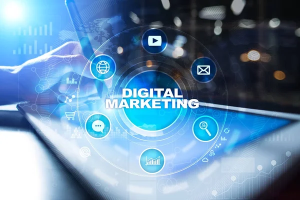 Ψηφιακό μάρκετινγκ τεχνολογίας έννοια. Στο διαδίκτυο. Σε απευθείας σύνδεση. SEO. Διαφήμιση SMM.. — Φωτογραφία Αρχείου