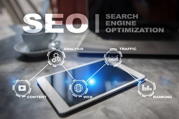 SEO. Optimizarea motorului de căutare. Conceptul tehnologiei digitale de marketing online . — Fotografie, imagine de stoc