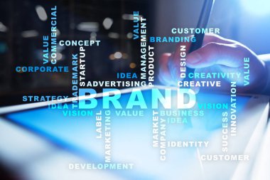 Marka kavramı sanal ekran üzerinde. İş kavramı. Kelime bulutu.