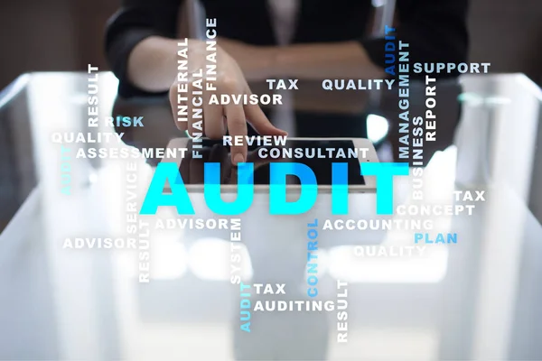 Audit business concept. Auditor. Compliance. Virtual screen technology. — Stock Photo, Image