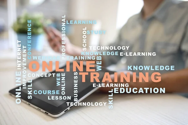 Online training on the virtual screen. Education concept. Words cloud. — Stock Photo, Image