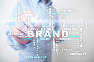 Marka kavramı sanal ekran üzerinde. İş kavramı. Kelime bulutu.