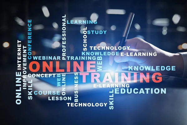 Online training on the virtual screen. Education concept. Words cloud — Stock Photo, Image