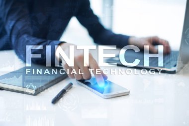 Fintech. Sanal ekran metni Finans teknolojileri. İş, internet ve teknoloji kavramı