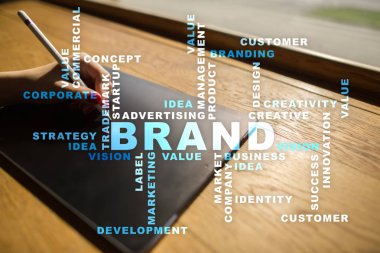 Marka kavramı sanal ekran üzerinde. İş kavramı. Kelime bulutu.