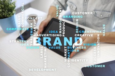 Marka kavramı sanal ekran üzerinde. İş kavramı. Kelime bulutu.