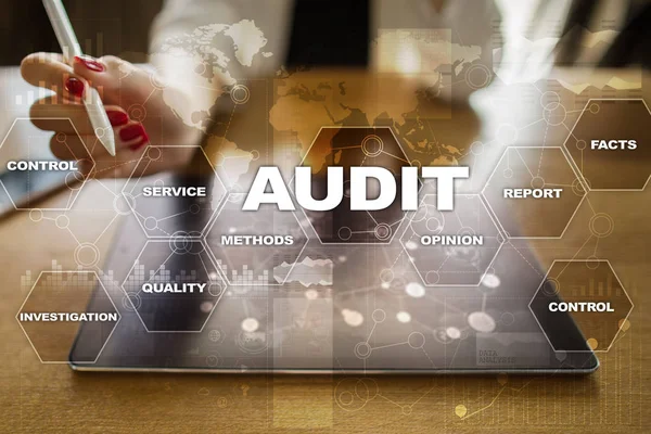 Audit business concept. Auditor. Compliance. Virtual screen technology.