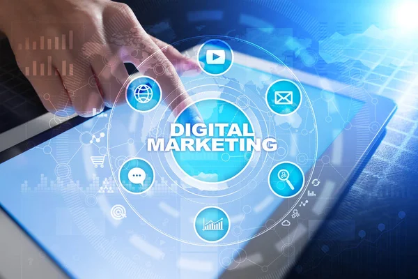 Concetto di tecnologia di marketing digitale. Internet. In linea. Ottimizzazione dei motori di ricerca. SEO. SMM. Pubblicità . — Foto Stock