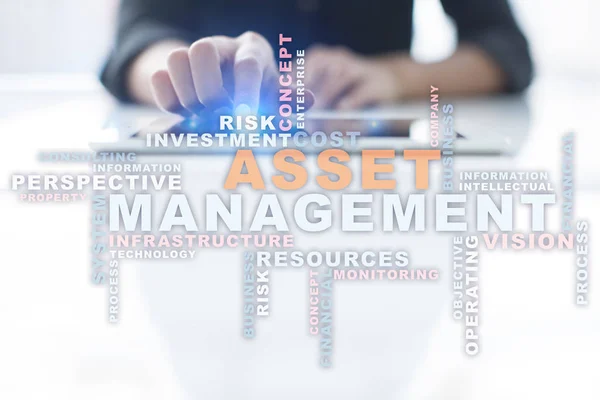 Asset management on the virtual screen. Business concept. Words cloud.