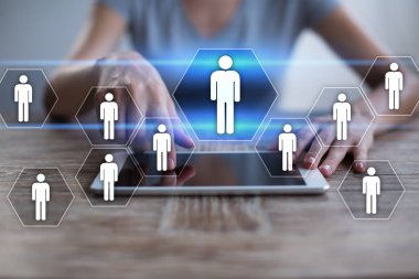 İnsan kaynakları yönetimi, insan kaynakları, işe alım, liderlik ve ekip oluşturma. İş ve teknoloji kavramı.