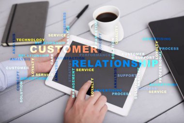 Müşteri ilişkisi yönetimi kavramı sanal ekran üzerinde. Kelime bulutu.