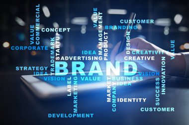 Marka kavramı sanal ekran üzerinde. İş kavramı. Kelime bulutu.