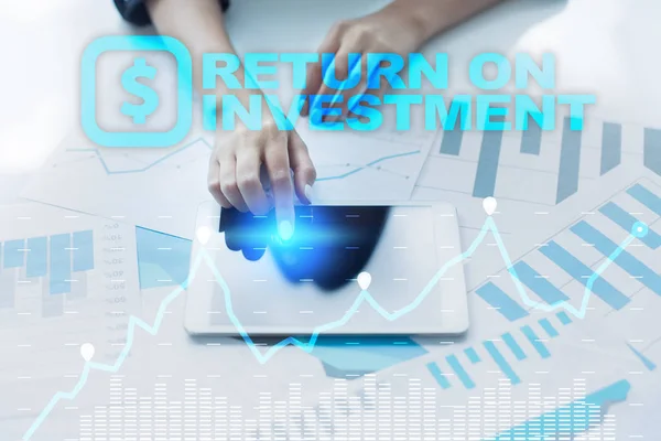 ROI, avkastning på investeringar affärer och teknik koncept. Virtuella skärmbakgrunden. — Stockfoto