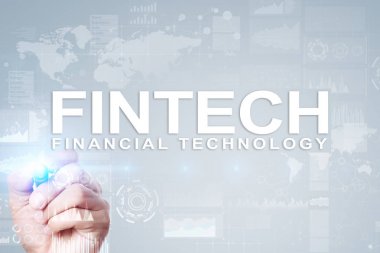 Fintech. Sanal ekran metni Finans teknolojileri. İş, internet ve teknoloji kavramı.