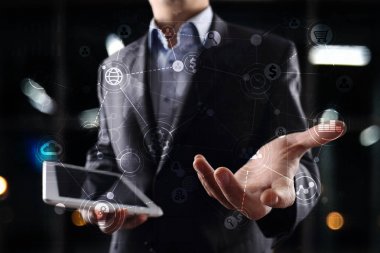 Metin, sanal ekran arka plan ile kutsal kişilerin resmi için şablon. İş, internet teknoloji ve ağ kavramı.