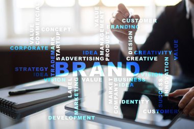 Marka kavramı sanal ekran üzerinde. İş kavramı. Kelime bulutu.