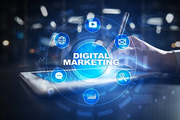 Concetto di tecnologia di marketing digitale. Internet. In linea. Ottimizzazione dei motori di ricerca. SEO. SMM. Pubblicità . — Foto Stock