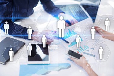 İnsan kaynakları yönetimi, insan kaynakları, işe alım, liderlik ve ekip oluşturma. İş ve teknoloji kavramı.