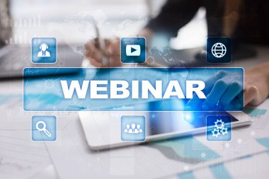 Webinar. E-eğitim, Online Eğitim kavramı. Kişisel gelişim. Sanal ekran.