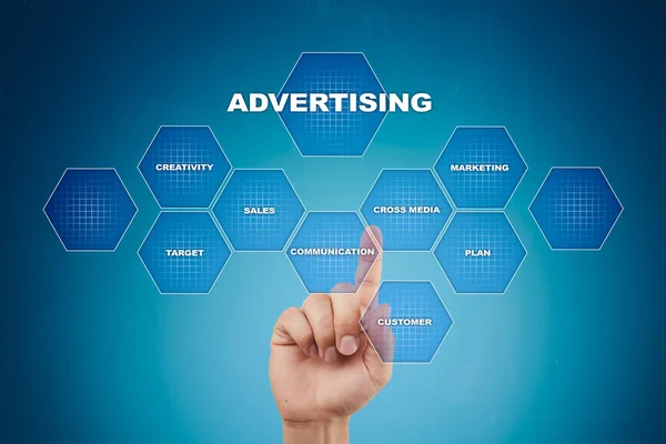 Avertising, 마케팅 전략 아이콘 그리고 가상 화면에 그래프입니다. 비즈니스, 인터넷 및 기술 개념. — 스톡 사진