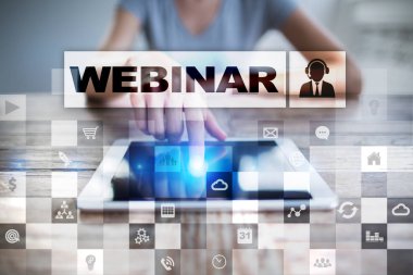Webinar. E-eğitim, Online Eğitim kavramı. Kişisel gelişim. Sanal ekran.