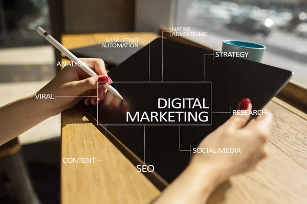 Digitale technologie marketingconcept. Internet. Online. Zoekmachineoptimalisatie. SEO. Smm. reclame. — Stockfoto