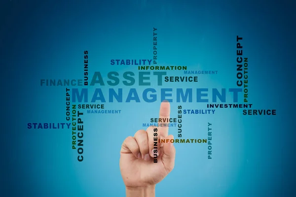 Asset management, wirtualnego ekranu. Koncepcja biznesowa. Chmura słów. — Zdjęcie stockowe