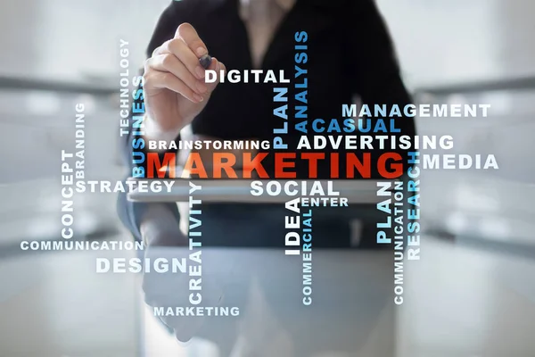 Concept d'entreprise marketing sur l'écran virtuel. Nuage de mots . — Photo