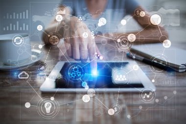 Metin, sanal ekran arka plan ile kutsal kişilerin resmi için şablon. İş, internet teknoloji ve ağ kavramı.
