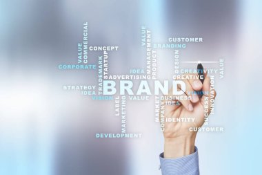 Marka kavramı sanal ekran üzerinde. İş kavramı. Kelime bulutu.