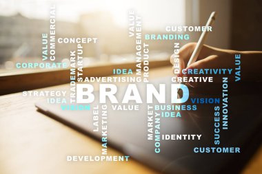 Marka kavramı sanal ekran üzerinde. İş kavramı. Kelime bulutu.