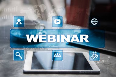 Webinar. E-eğitim, Online Eğitim kavramı. Kişisel gelişim. Sanal ekran.