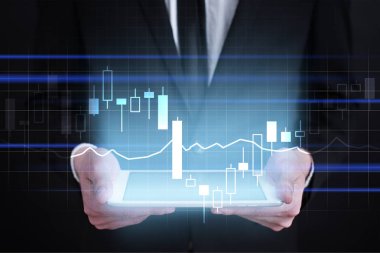 Diyagramlar ve grafikler sanal ekran üzerinde. İş stratejisi, veri analiz teknolojisi ve finansal büyüme kavramı.