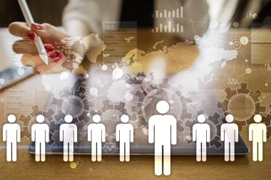 İnsan kaynakları yönetimi, insan kaynakları, işe alım, liderlik ve ekip oluşturma. İş ve teknoloji kavramı.