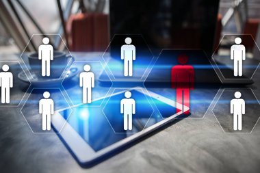 İnsan kaynakları yönetimi, insan kaynakları, işe alım, liderlik ve ekip oluşturma. İş ve teknoloji kavramı.