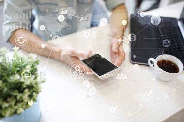 Metin, sanal ekran arka plan ile kutsal kişilerin resmi için şablon. İş, internet teknoloji ve ağ kavramı.