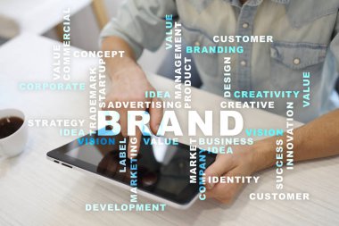 Marka kavramı sanal ekran üzerinde. İş kavramı. Kelime bulutu.