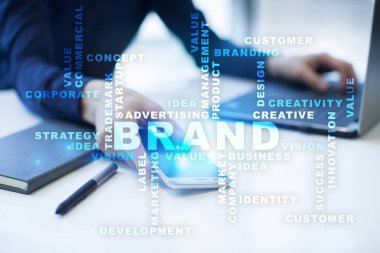 Marka kavramı sanal ekran üzerinde. İş kavramı. Kelime bulutu.