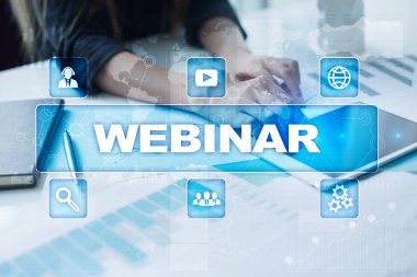 Webinar. E-eğitim, Online Eğitim kavramı. Kişisel gelişim. Sanal ekran.