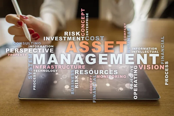 Asset management on the virtual screen. Business concept. Words cloud.