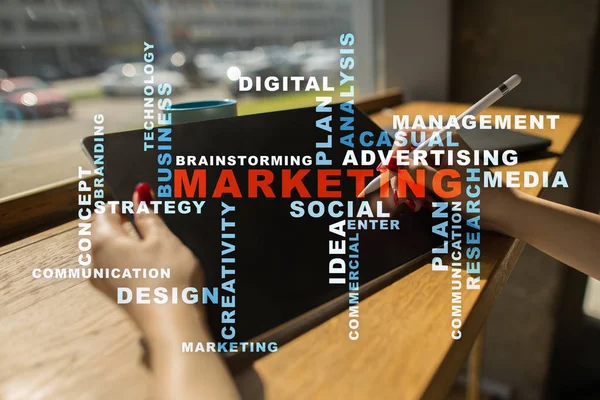 Marketing-Business-Konzept auf dem virtuellen Bildschirm. Wortwolke. — Stockfoto