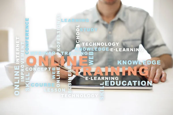 Online training on the virtual screen. Education concept. Words cloud. — Stock Photo, Image