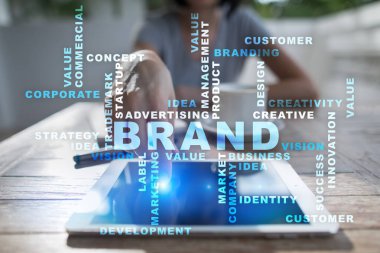 Marka kavramı sanal ekran üzerinde. İş kavramı. Kelime bulutu.