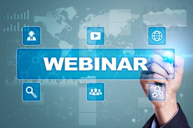 Webinar. E-eğitim, Online Eğitim kavramı. Kişisel gelişim. Sanal ekran.