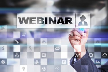 Webinar. E-eğitim, Online Eğitim kavramı. Kişisel gelişim. Sanal ekran.