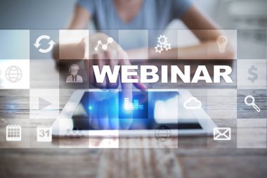 Webinar. E-eğitim, Online Eğitim kavramı. Kişisel gelişim. Sanal ekran.